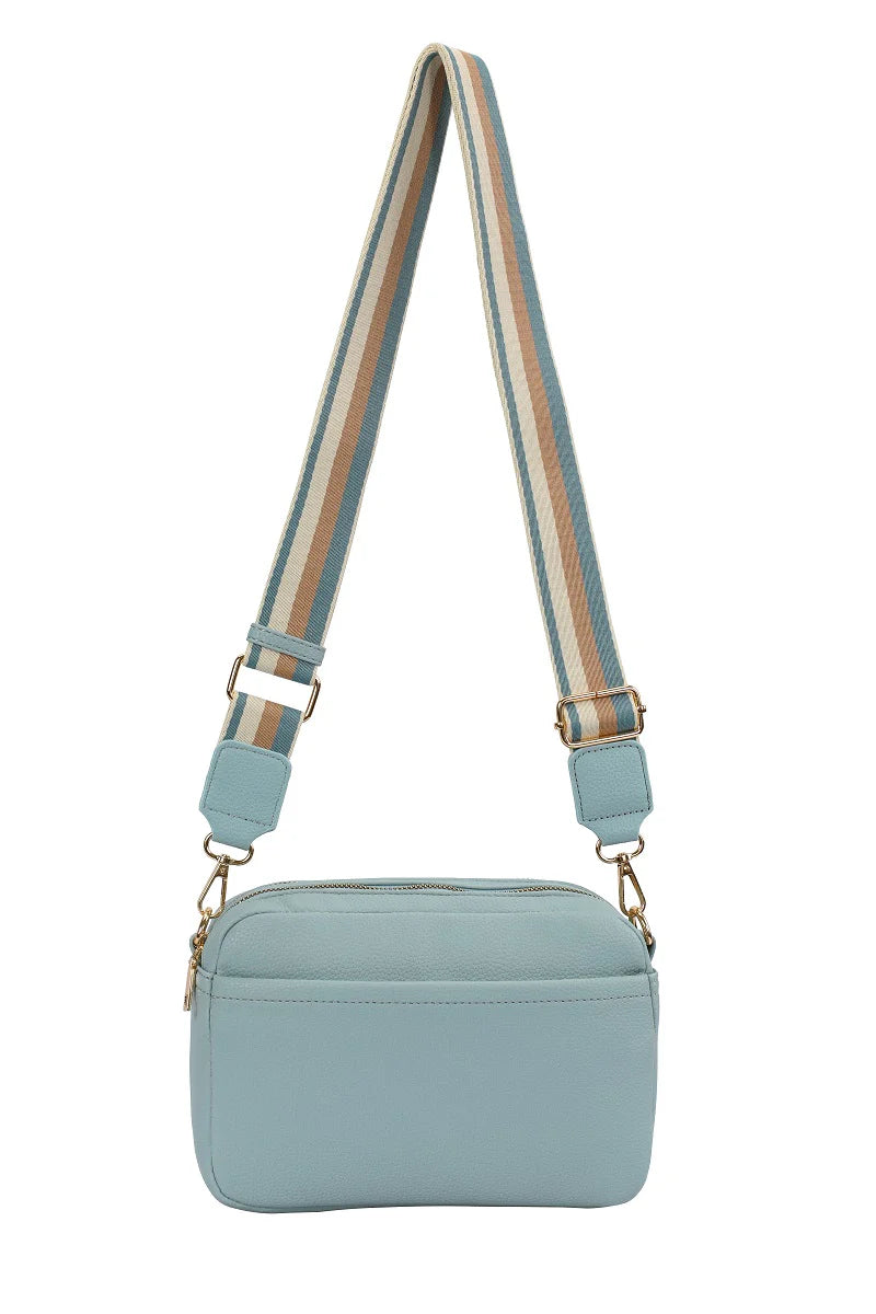 GESSY LADIES DOUBLE ZIP CROSS BODY SHOULDER BAG WITH FRONT BACK POCKETS ADJUSTABLE FABRIC STRAP LIGHT BLUE