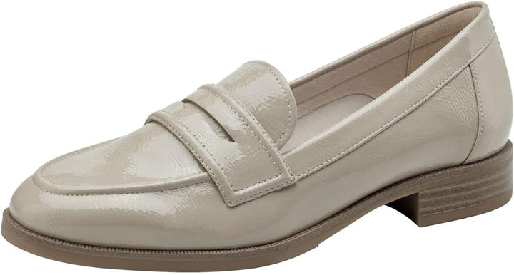 Tamaris 24304 Ladies Patent Beige Faux Leather Loafers Anti Slide Heel Touch It Insole