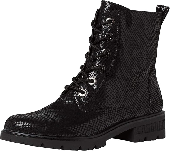 Tamaris 25281 Ladies Black Faux Leather Reptile Print Lace Up Military Style Boots With Zip Fasten