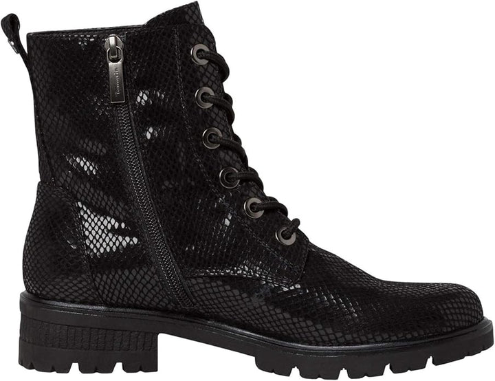 Tamaris 25281 Ladies Black Faux Leather Reptile Print Lace Up Military Style Boots With Zip Fasten