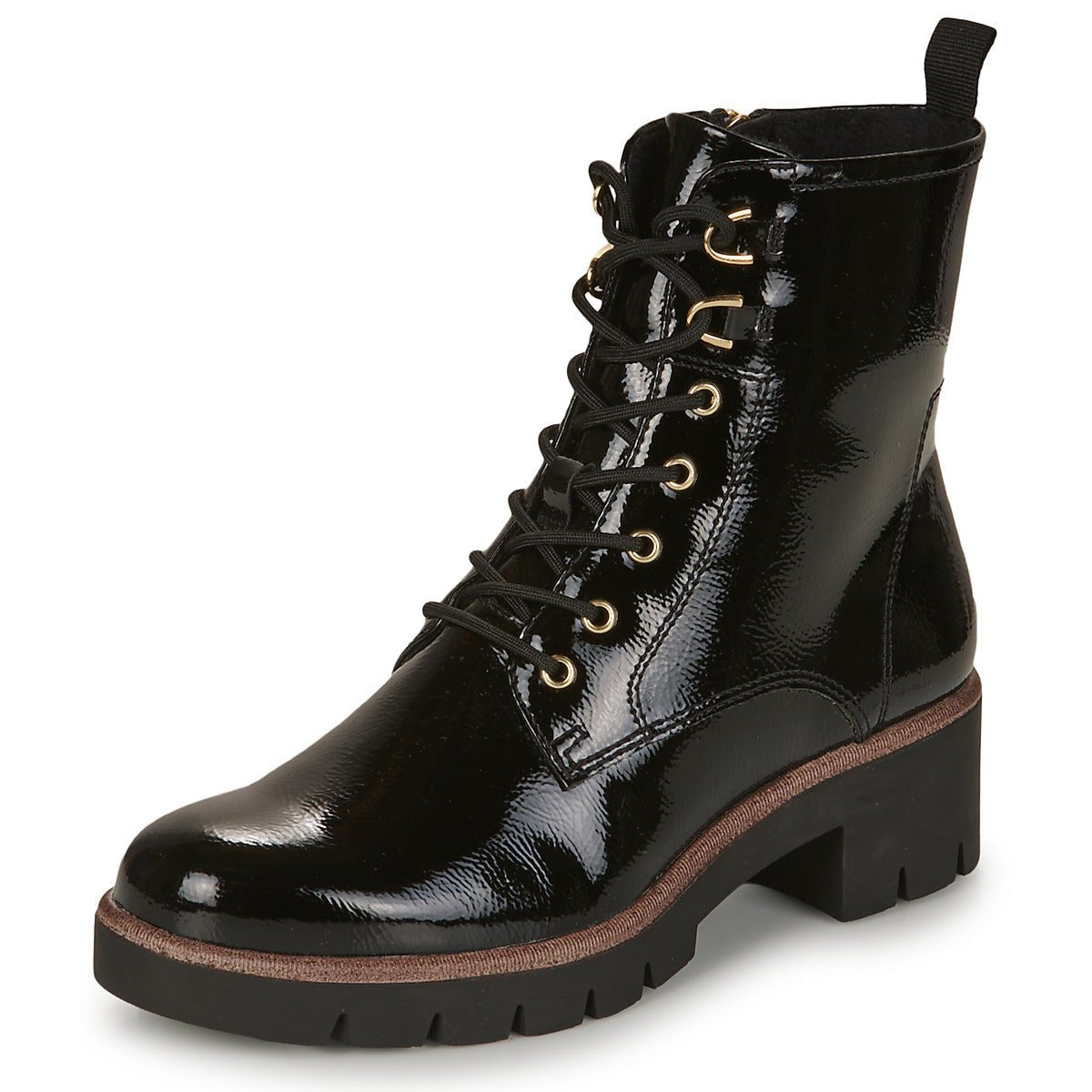 Tamaris 25297 Ladies Vegan Black Patent Lace Up Military Style Boots With Contrast Piping Zip Fastening