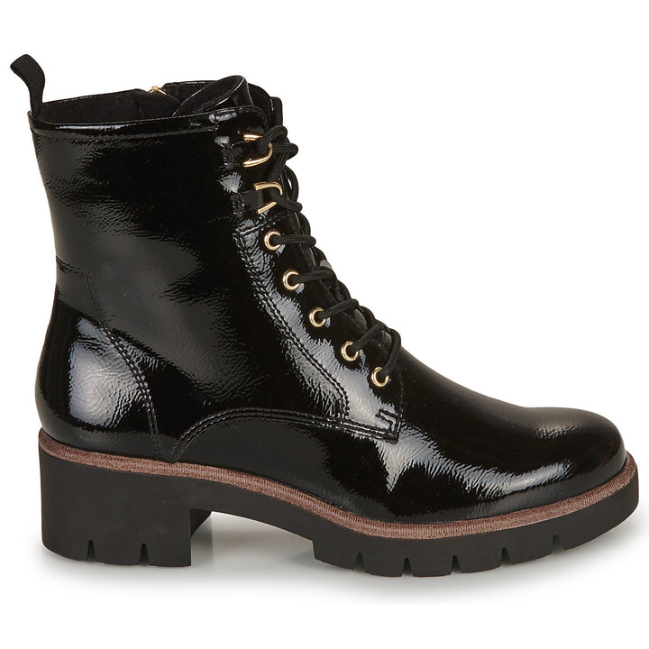 Tamaris 25297 Ladies Vegan Black Patent Lace Up Military Style Boots With Contrast Piping & Zip Fastening