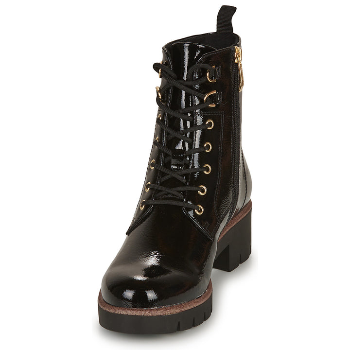 Tamaris 25297 Ladies Vegan Black Patent Lace Up Military Style Boots With Contrast Piping & Zip Fastening