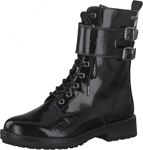 Tamaris 26282 Ladies Duo Tex Water Resistant  Black Patent Faux Leather Combat Style Lace Up Boots With Zip Fasten