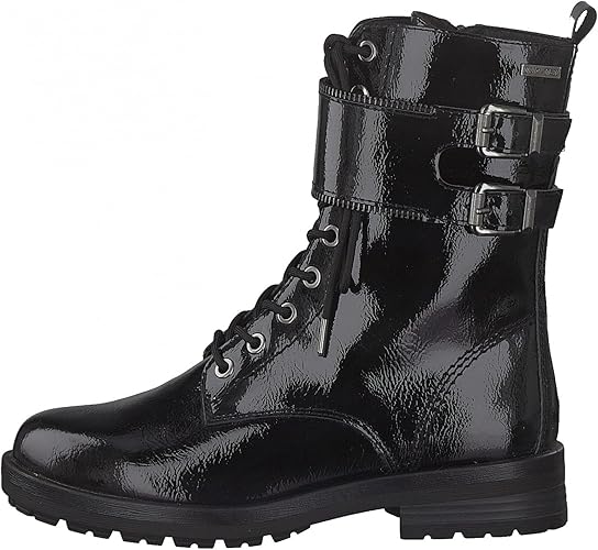 Tamaris 26282 Ladies Duo Tex Water Resistant  Black Patent Faux Leather Combat Style Lace Up Boots With Zip Fasten