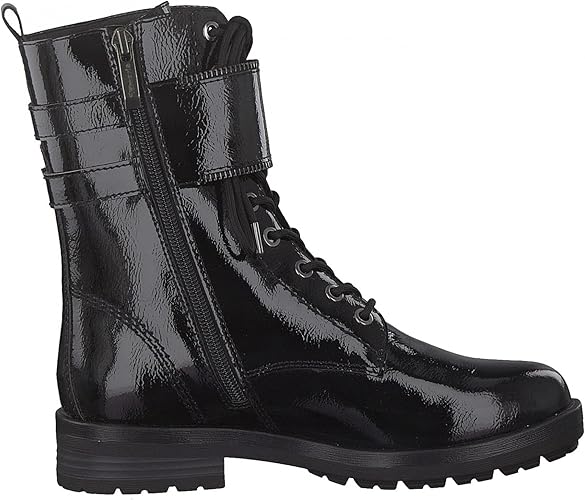 Tamaris 26282 Ladies Duo Tex Water Resistant  Black Patent Faux Leather Combat Style Lace Up Boots With Zip Fasten