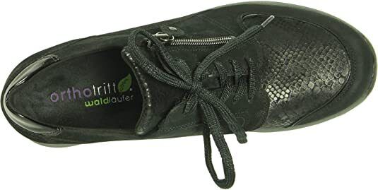 Waldlaufer Hiroko Wide Fit Trainers Black Nubuck With Snake Print Stretch Panel Lace Up & Adjustable Fastening