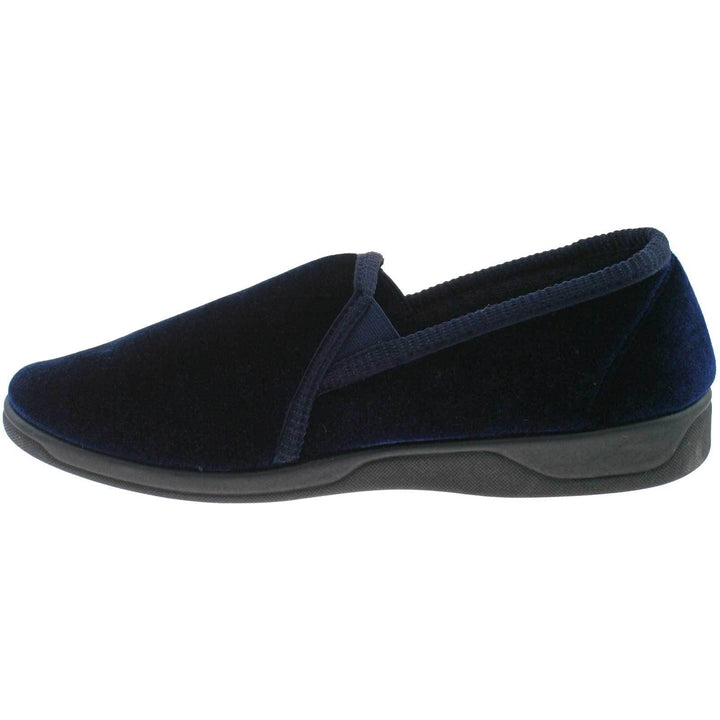 DUNLOP WINSTON MENS NAVY BLUE & GREY VELOUR TWIN GUSSET WASHABLE FULL SLIPPERS