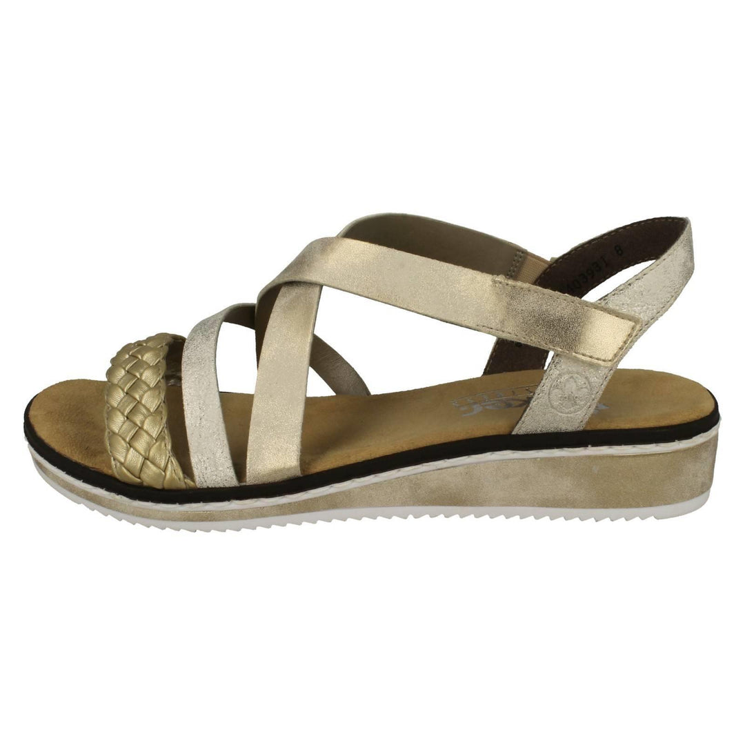 Rieker V3663 Ladies Wide Fit Gold Faux Leather Crossover Straps Single Touch Fasten Wedge Sandals