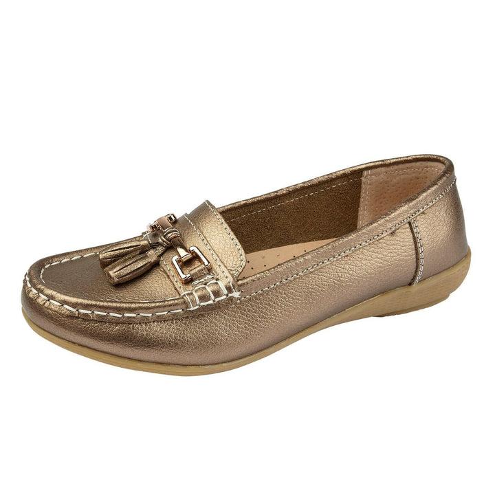 Jo & Joe Nautical Womens  Bronze Leather Slip On Summer Loafers Moccasin Flat Shoes With Tassels