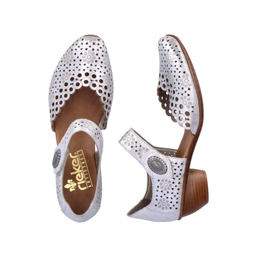 Rieker 43753 Ladies Silver Punched Leather Mary Jane Block Heel Wide Sandals