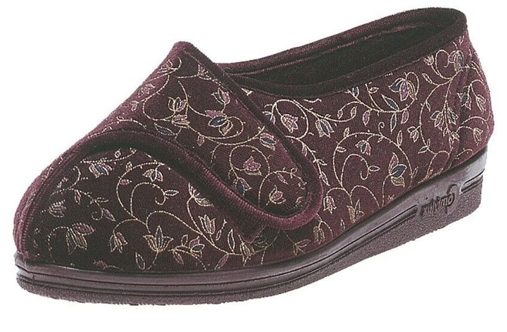 Comfylux Helen Womens SUPER WIDE FIT Wine Red Floral Open Out Washable Slippers