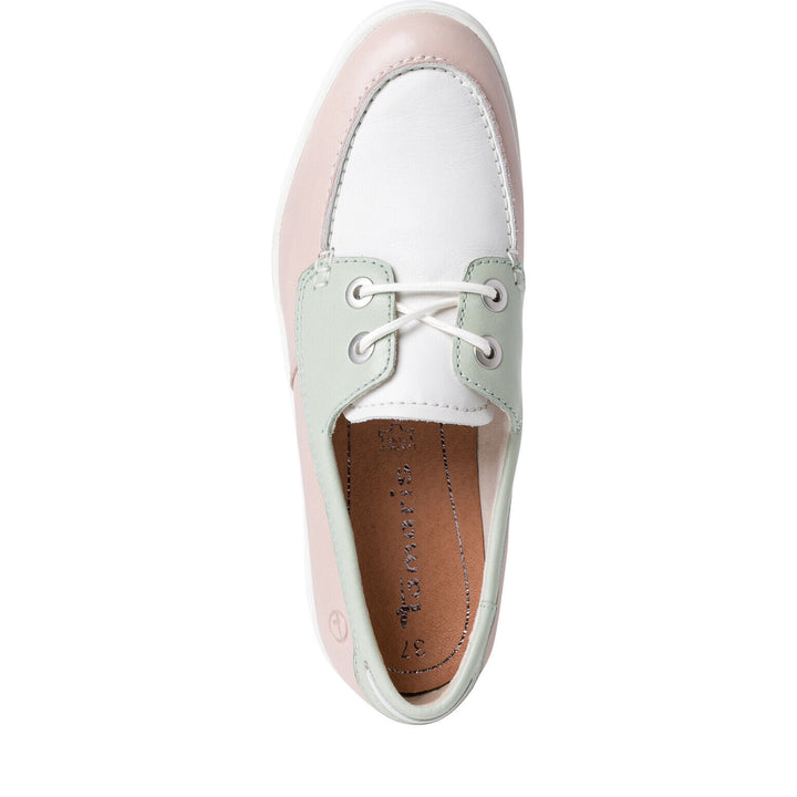 Tamaris 23606 Ladies Baby & Pink White Leather Lace Up Leather Insole Boat Shoes