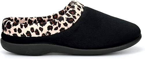 Sleepers LS801 Ladies Black Velour With Leopard Print Trim Memory Foam Mule Slippers