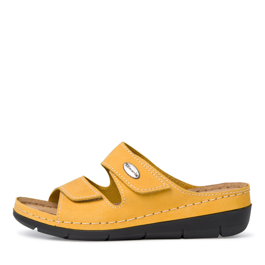 Tamaris 27510 Ladies Yellow Nubuck Leather Double Touch Fasten  Wide Fit Slider Mules Sandal