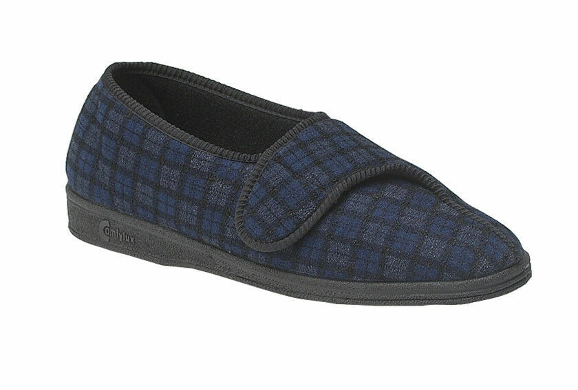 Comfylux Paul Mens WIDE FIT Blue Check Washable Open Out Slippers With Strap