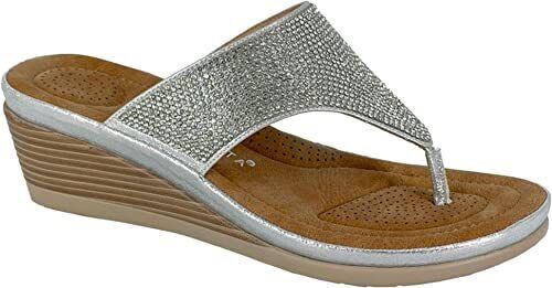 Cipriata L238 Women's Silver Sparkle Light Weight Diamante Toe Post Wedge Heel Mule Sandals