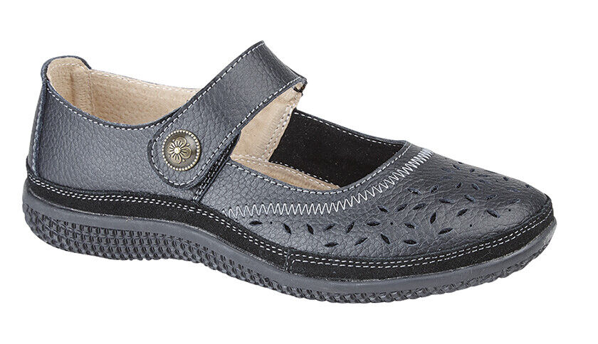 Boulevard L408 Black Leather EXTRA WIDE FIT EEE Perforated Mary Jane Shoe