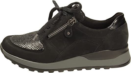 Waldlaufer Hiroko Wide Fit Trainers Black Nubuck With Snake Print Stretch Panel Lace Up & Adjustable Fastening