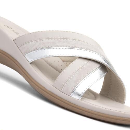 Dr Keller Lena Womens Nude/Silver Crossover Wedge Heel Cushioned Slip On Mules