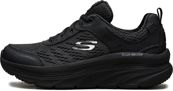 Skechers D'Lux Walker Ladies Relaxed Fit Black Stretch  Lace UP Memory Foam Trainer