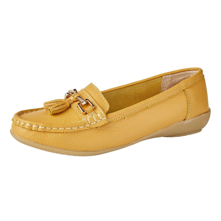 Nautical Womens Leather Slip On Summer Loafers Moccasin Tassel Flat Shoes Mustard Yellow