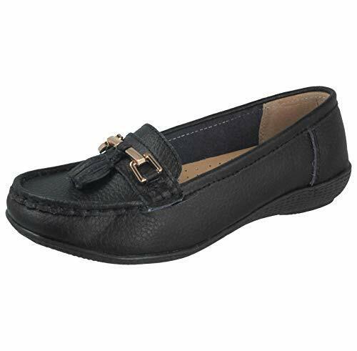 Nautical Womens Leather Moccasin Slip On Loafer Tassel Flat Comfort Shoes Black