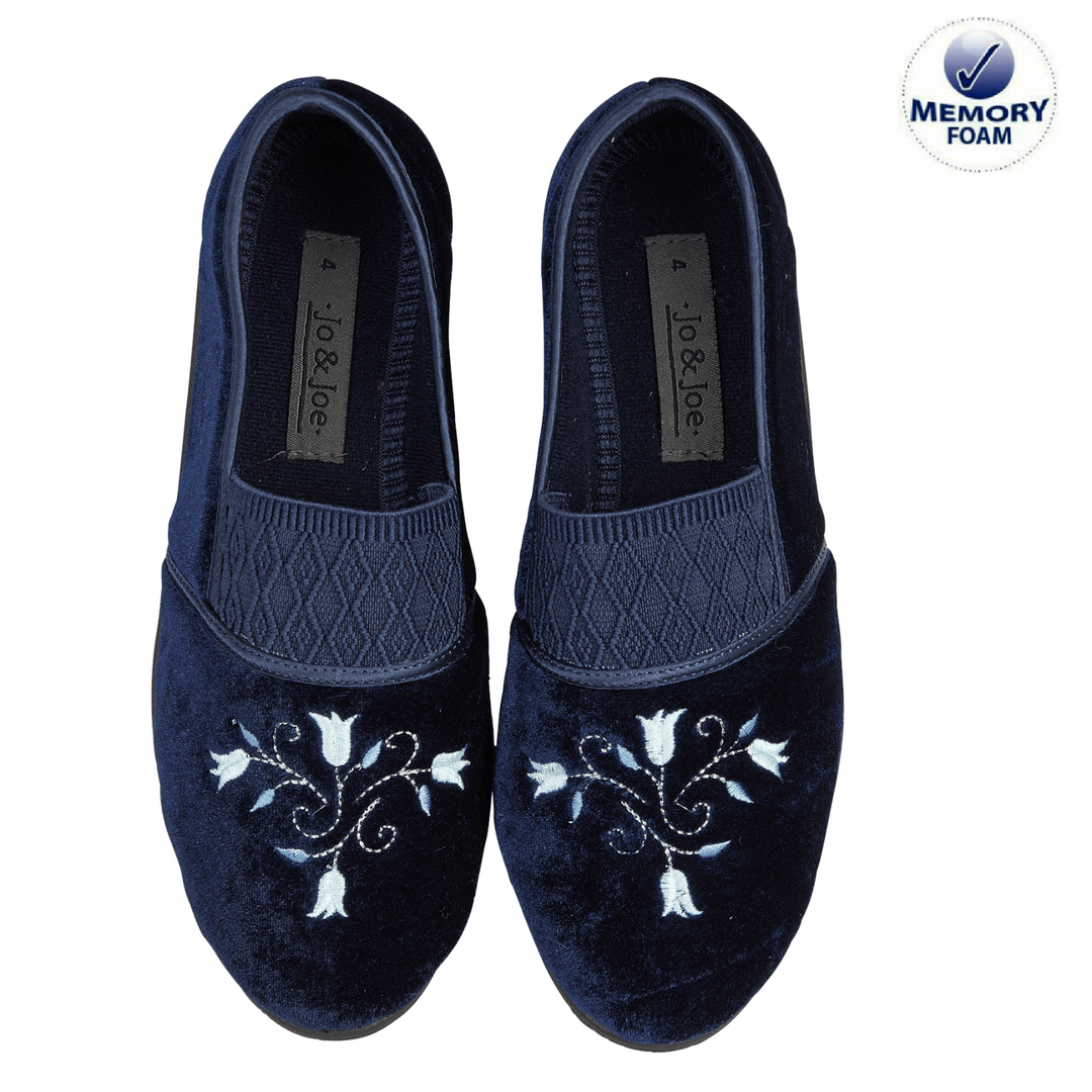 Jo & Joe Enid Womens WIDE FIT (EE) Navy Blue Velour Soft Elasticated Full Slippers With Floral Design