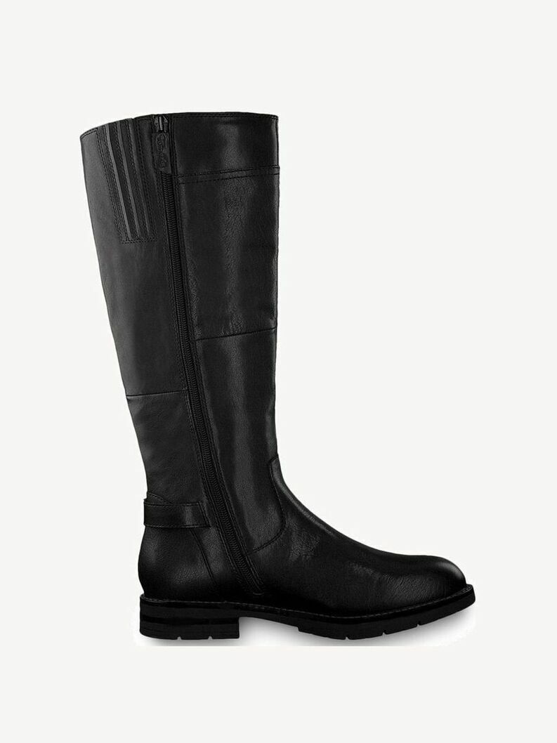 Tamaris 25603 Black Premium Leather High Cut Riding Boots With Zip & Buckle Trim