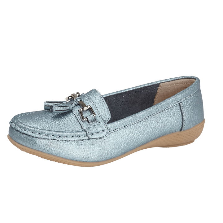 Jo & Joe Nautical Metallic Blue Leather Slip On Loafers Moccasin Flat Shoes With Tassels