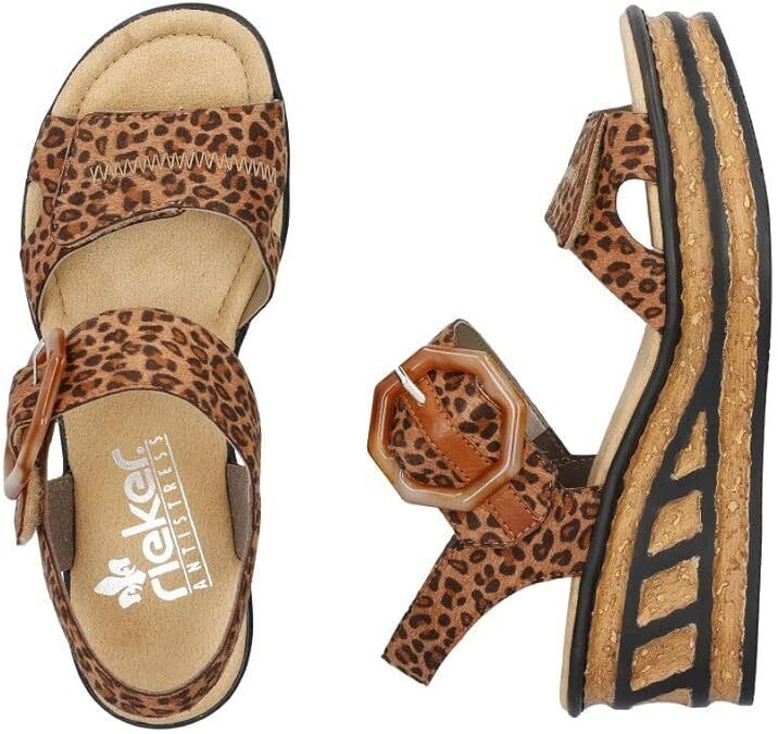 Rieker 68716 Ladies Brown Leopard Touch Fasten Mid Wedge Slingback Sandals