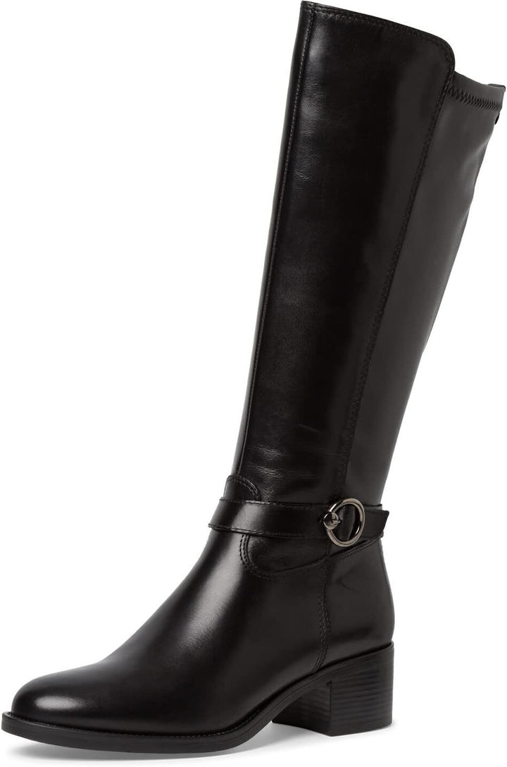 Tamaris 25537- 21 Black Leather Full Zip Knee High Boots With Stretch Calf