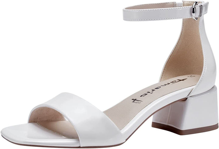 Tamaris 28228 Ladies Vegan White Patent Block Heel Touch Fasten Strap Sandals