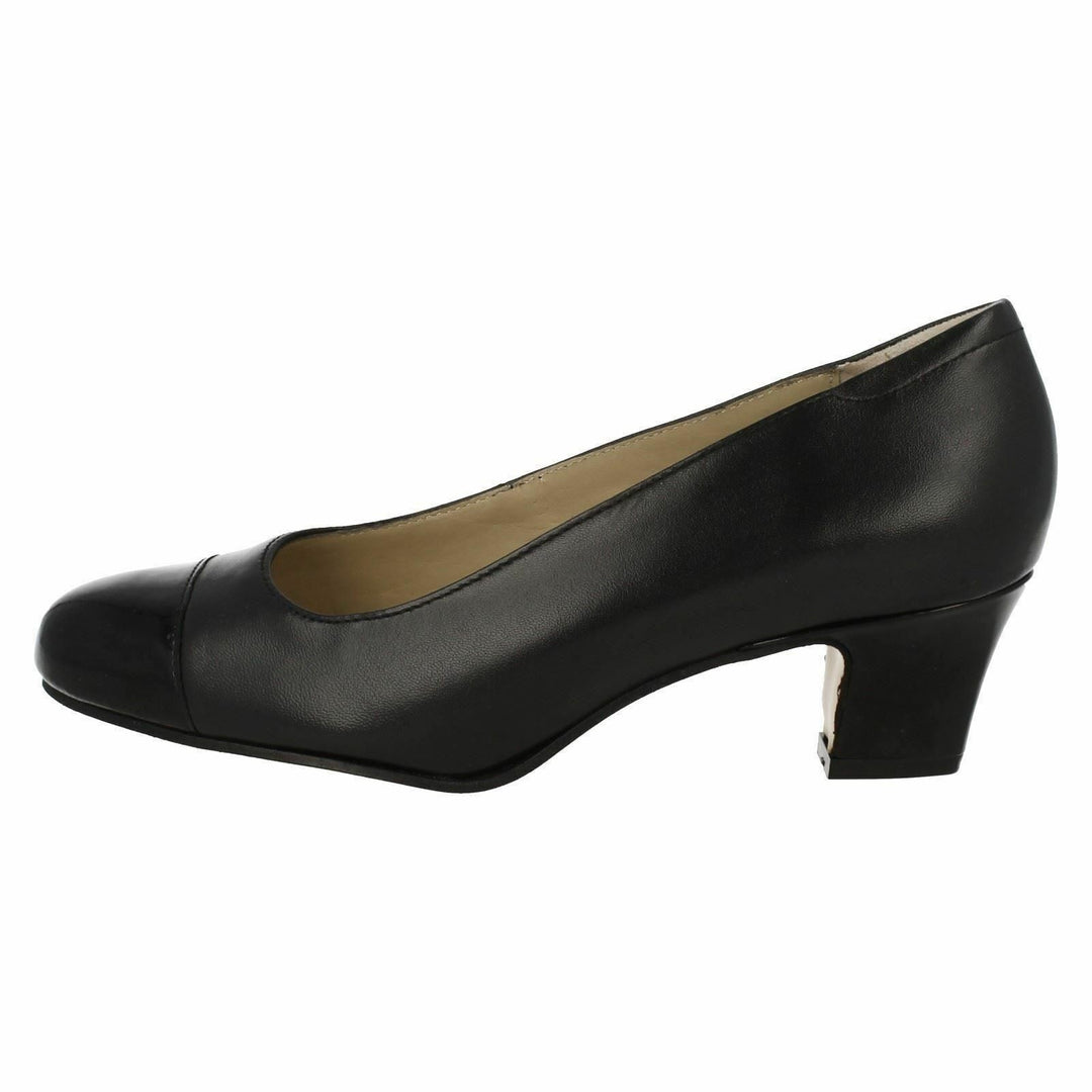 Equity Camilla Ladies WIDE E FIT Black Leather Patent Toe Cap  Mid Heel Court Shoe