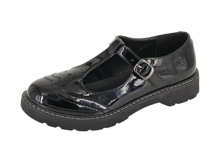 Cipriata G721 Girls Black Patent Brogue Patterned Infants T Bar School Shoes With Buckle