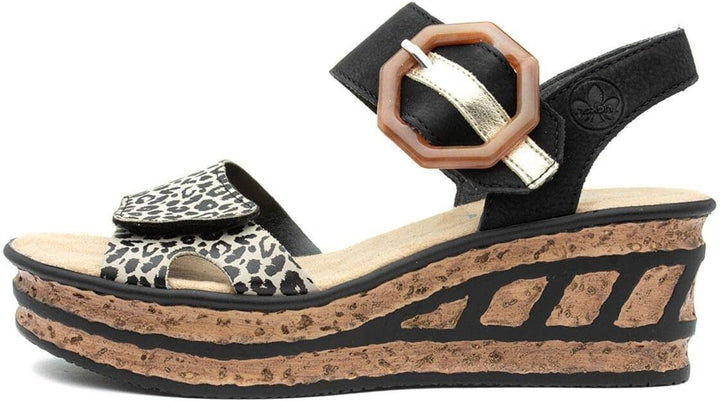 Rieker 68716 Ladies Black Leopard Touch Fasten Mid Wedge Slingback Sandals