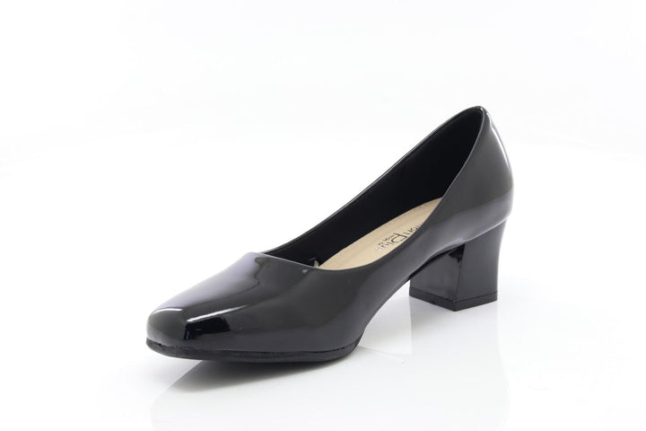 Comfort Plus Karly Ladies Wide Fit Black Patent Slip On Block Heel Court Shoes