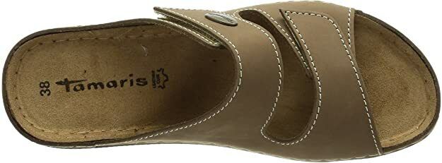 Tamaris 27510 Ladies Taupe Nubuck Leather Wide Fit Touch Fasten Slider Mule Sandals