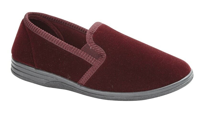 Zedzzz Ross Mens Burgundy Red Velour Twin Gusset Comfort Slipper Shoes With Back