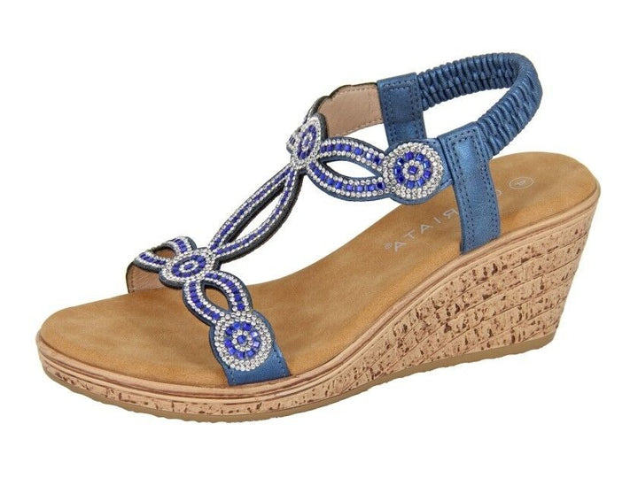 Cipriata L524C Womens Blue Elasticated Back Diamante Wedge Memory Foam  Sandals