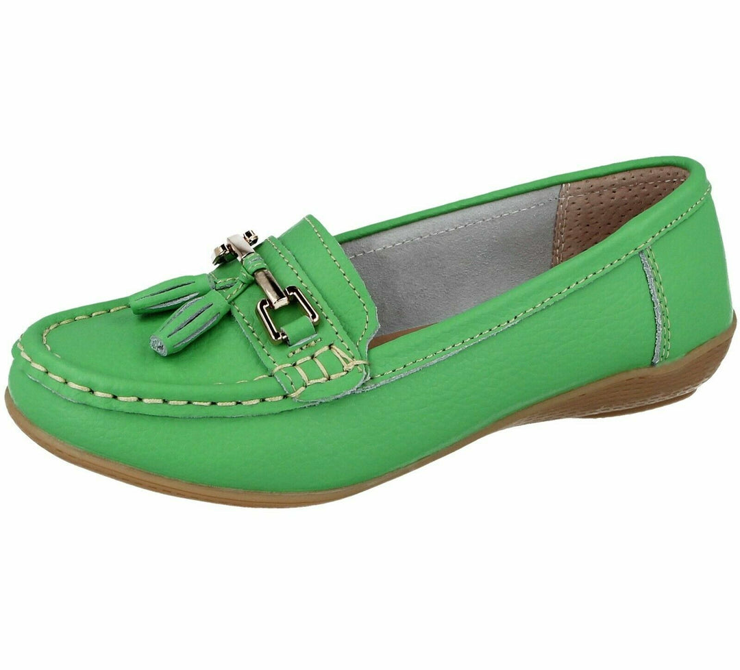 Jo & Joe Nautical Women  Leather Slip On Apple Green Summer Loafers Moccasin Tassel Flat Shoes