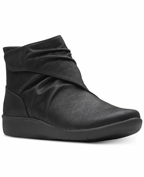 Clarks Cloudsteppers Sillian Tana Black Lightweight Zip Up Ruched Ankle Boots