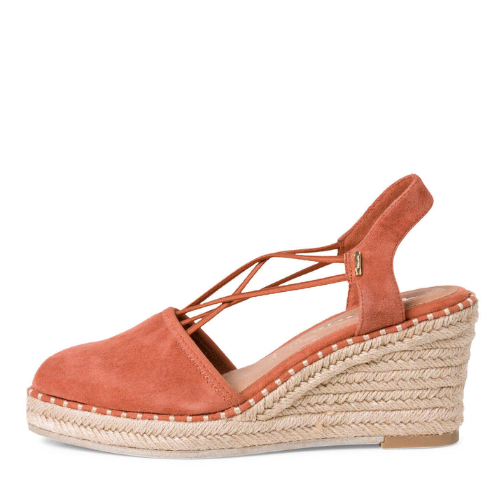 Tamaris 29606 Ladies Sunrise Orange Faux Suede Wedge Sandals Elasticated Espadrille