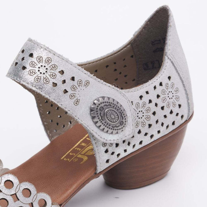 Rieker 43753 Ladies Silver Punched Leather Mary Jane Block Heel Wide Sandals