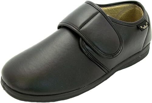 Dr Keller Chris Mens Black Faux Leather Touch Fasten WIDE Orthopaedic Slippers