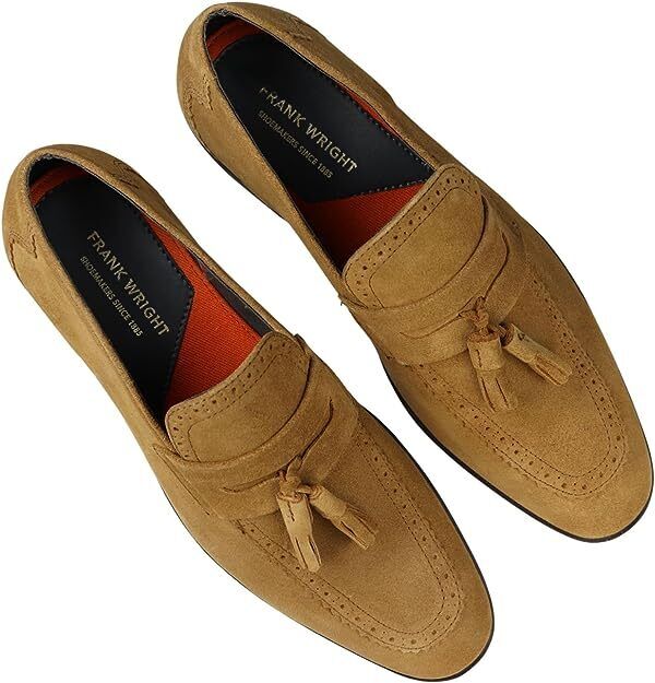 Frank Wright Palmer Mens Tan Suede Leather Tassel Slip On Brogue Detail Loafers