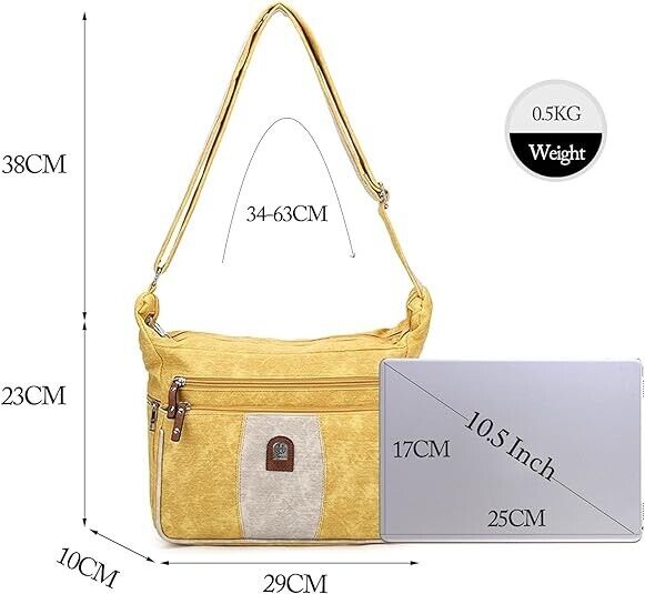 Ladies Yellow/ Beige Denim Effect Shoulder Handbag Adjustable Strap Pockets