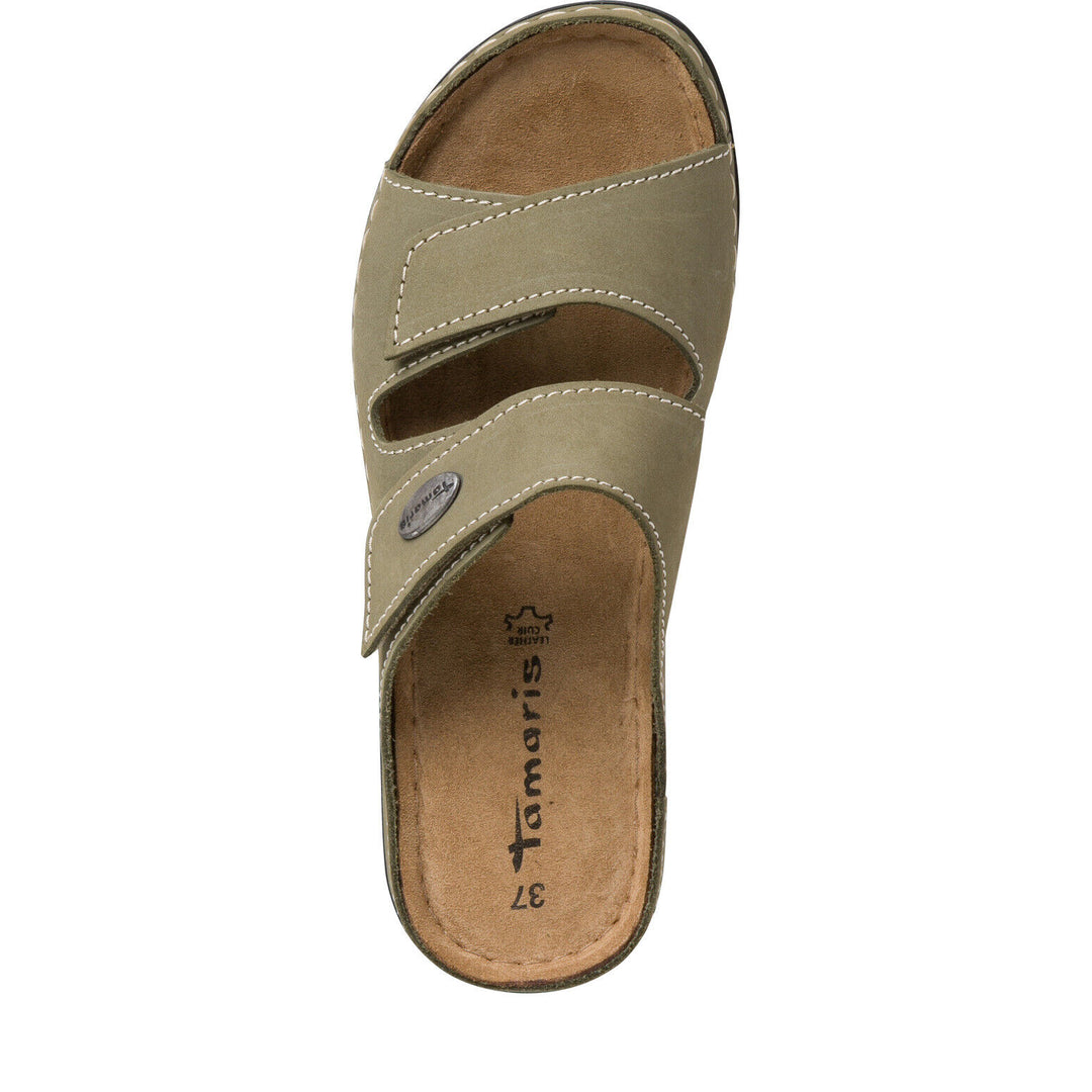 Tamaris 27510 Ladies Olive Nubuck Leather Wide Fit Touch Fasten Mules  Sandals