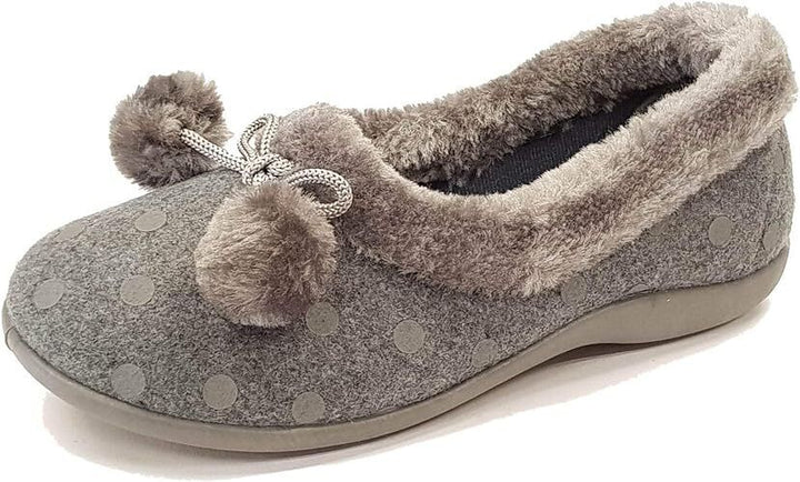 Sleepers Marge Ladies Grey Felt Memory Foam Slip On Polka Dot Pom Pom Slippers