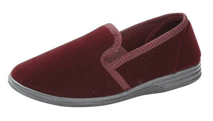 Zedzzz Ross Mens Burgundy Red Velour Twin Gusset Comfort Slipper Shoes With Back